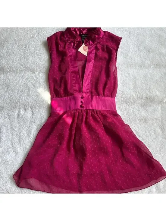 Y2K polka dot Pink Ruffle Neck Satintie back Blouse - Picture 2 of 5